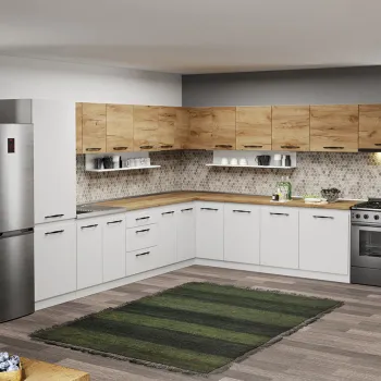 Mobila Bucatarie pe colt alba cu lemn Aroma - 48 - 320x340 cm imagine