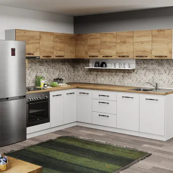 Mobila de Bucatarie pe colt alba cu lemn Aroma - 34 - 260x200 cm imagine