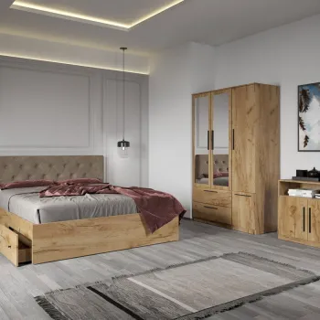 Set dormitor complet Stejar Auriu cu comoda - Madrid - C04 imagine