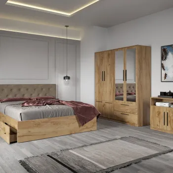 Set dormitor complet Stejar Auriu cu comoda - Madrid - C12 imagine