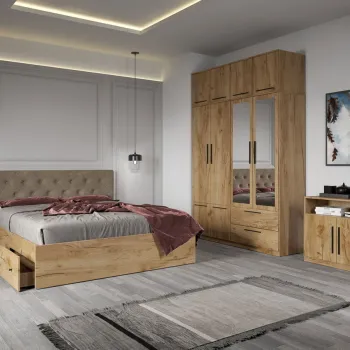 Set dormitor complet Stejar Auriu cu comoda - Madrid - C16 imagine