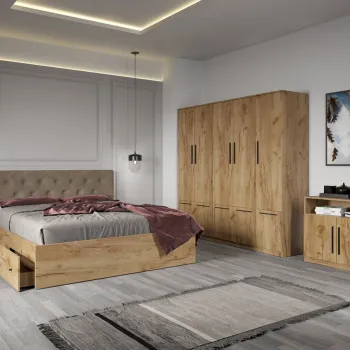 Set dormitor complet Stejar Auriu cu comoda - Madrid - C18 imagine