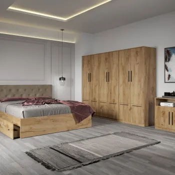 Set dormitor complet Stejar Auriu cu comoda - Madrid - C26 imagine