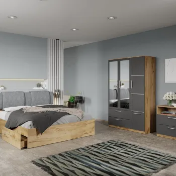 Set dormitor complet Stejar Auriu-Gri cu comoda - Acapulco - C64 imagine