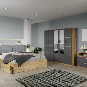 Set dormitor complet Stejar Auriu-Gri cu comoda - Acapulco - C72 imagine