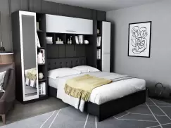 Dormitor Mario 2.87m pat incadrat si oglinda tapitat negru imagine