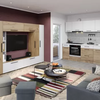 Pachet Mobila Bucatarie + Living Stejar / Alb imagine