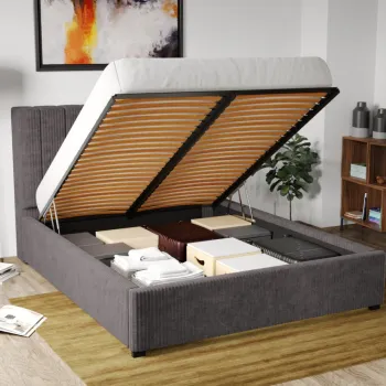 Pat Tapitat Adam cu somiera rabatabila si lada de depozitare Gri - Poso 22 140x200 imagine