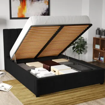 Pat Tapitat Adam cu somiera rabatabila si lada de depozitare Negru - Poso 135 180x200 imagine