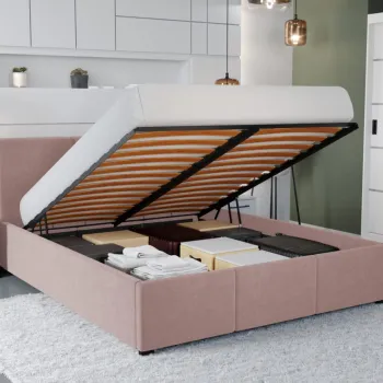 Pat Tapitat Avelis cu somiera rabatabila si lada de depozitare Roz - Swing 14 180x200 imagine