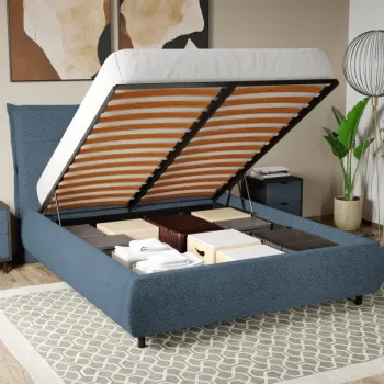 Pat Tapitat Axel cu somiera rabatabila si lada de depozitare Albastru - Coral 10 140x200 imagine