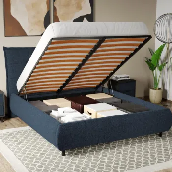 Pat Tapitat Axel cu somiera rabatabila si lada de depozitare Bleumarin - Eden 16 180x200 imagine