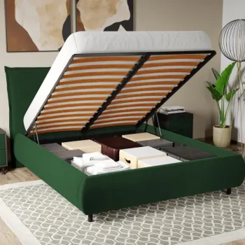 Pat Tapitat Axel cu somiera rabatabila si lada de depozitare Verde inchis - Riviera 38 140x200 imagine