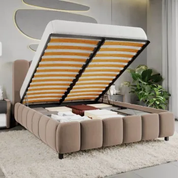 Pat Tapitat Bari cu somiera rabatabila si lada de depozitare Bej - Velluto 3 180x200 imagine