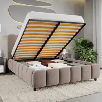 Pat Tapitat Bari cu somiera rabatabila si lada de depozitare Cappuccino - Velluto 29 120x200 imagine