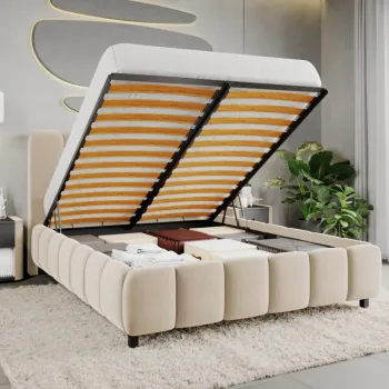 Pat Tapitat Bari cu somiera rabatabila si lada de depozitare Crem - Velluto 2 120x200 imagine