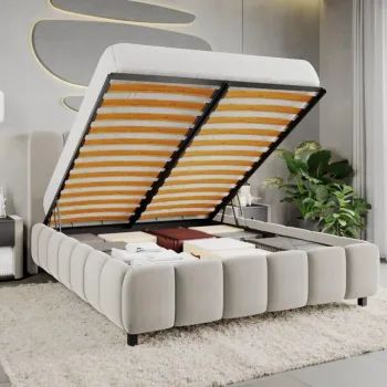 Pat Tapitat Bari cu somiera rabatabila si lada de depozitare Crem - Velluto 2 180x200 imagine