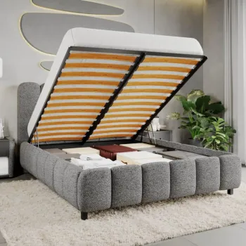 Pat Tapitat Bari cu somiera rabatabila si lada de depozitare Gri - Coral 75 120x200 imagine