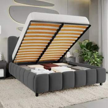 Pat Tapitat Bari cu somiera rabatabila si lada de depozitare Gri Inchis - Velluto 19 120x200 imagine