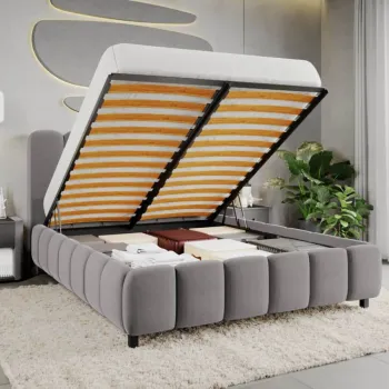 Pat Tapitat Bari cu somiera rabatabila si lada de depozitare Gri - Velluto 16 160x200 imagine