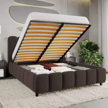 Pat Tapitat Bari cu somiera rabatabila si lada de depozitare Maro - Velluto 6 120x200 imagine