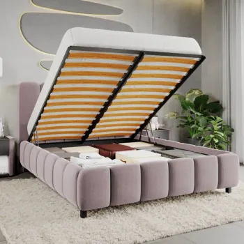 Pat Tapitat Bari cu somiera rabatabila si lada de depozitare Roz - Velluto 14 120x200 imagine