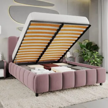 Pat Tapitat Bari cu somiera rabatabila si lada de depozitare Roz - Velluto 14 160x200 imagine