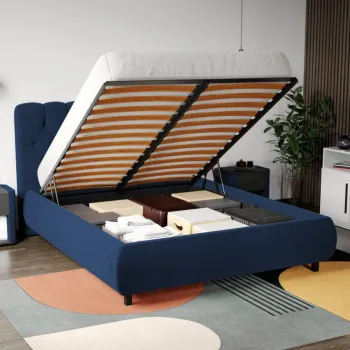 Pat Tapitat Catifea Mega cu somiera rabatabila si lada de depozitare Albastru - Riviera 81 160x200 imagine