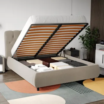 Pat Tapitat Catifea Mega cu somiera rabatabila si lada de depozitare Bej - Riviera 16 160x200 imagine