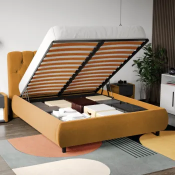 Pat Tapitat Catifea Mega cu somiera rabatabila si lada de depozitare Galben mustar - Riviera 41 140x200 imagine