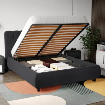 Pat Tapitat Catifea Mega cu somiera rabatabila si lada de depozitare Gri antracit - Riviera 97 160x200 imagine