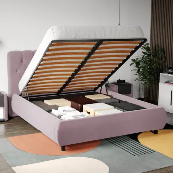 Pat Tapitat Catifea Mega cu somiera rabatabila si lada de depozitare Roz - Riviera 62 160x200 imagine