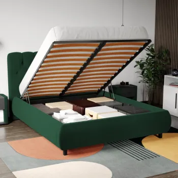 Pat Tapitat Catifea Mega cu somiera rabatabila si lada de depozitare Verde inchis - Riviera 38 140x200 imagine