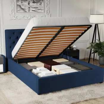 Pat Tapitat Catifea Riviera cu somiera rabatabila si lada de depozitare Albastru inchis - Riviera 81 160x200 imagine