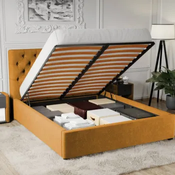Pat Tapitat Catifea Riviera cu somiera rabatabila si lada de depozitare Galben mustar - Riviera 41 160x200 imagine