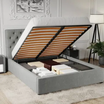 Pat Tapitat Catifea Riviera cu somiera rabatabila si lada de depozitare Gri - Riviera 91 160x200 imagine