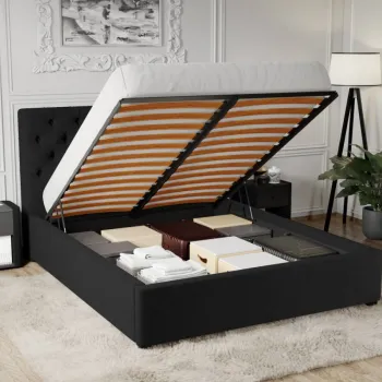 Pat Tapitat Catifea Riviera cu somiera rabatabila si lada de depozitare Negru - Riviera 100 140x200 imagine