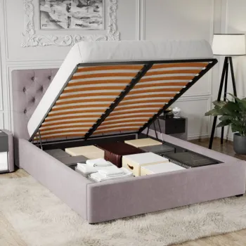 Pat Tapitat Catifea Riviera cu somiera rabatabila si lada de depozitare Roz - Riviera 62 180x200 imagine