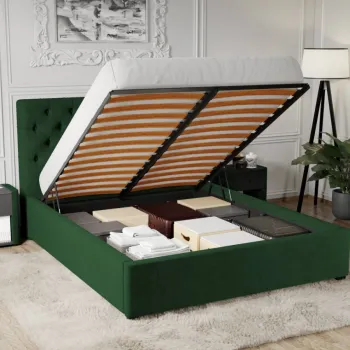 Pat Tapitat Catifea Riviera cu somiera rabatabila si lada de depozitare Verde inchis - Riviera 38 140x200 imagine