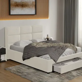 Pat tapitat Cico cu sertar 170 x 114 C1 din piele/stofa Alb - Nube 1 imagine