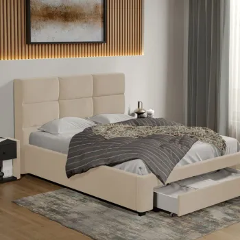 Pat tapitat Cico cu sertar 170 x 114 C1 din piele/stofa Bej - Falcone 102 imagine