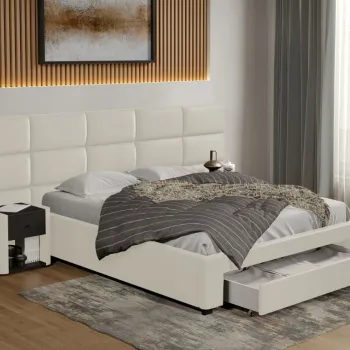 Pat tapitat Cico cu sertar 287 x 114 C2 din piele/stofa Alb - Nube 1 imagine