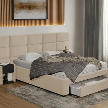 Pat tapitat Cico cu sertar 287 x 114 C2 din piele/stofa Bej - Falcone 102 imagine