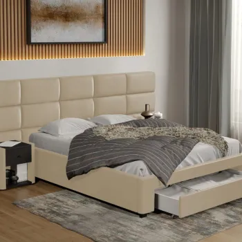 Pat tapitat Cico cu sertar 287 x 114 C2 din piele/stofa Crem - Nube 4 imagine