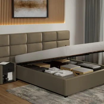 Pat tapitat Cico rabatabil 287 x 114 C2 din piele/stofa Bej - Nube 11 140x200 imagine