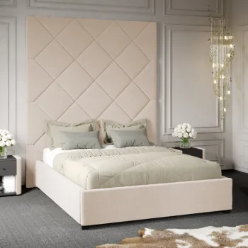 Pat Tapitat cu Panou Inalt C1 Dubai cu somiera fixa Crem - Velluto 2 160x200 imagine