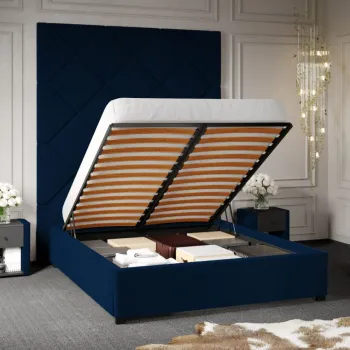 Pat Tapitat cu Panou Inalt C1 Dubai cu somiera rabatabila si lada de depozitare Albastru - Velluto 25 160x200 imagine