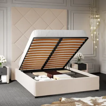 Pat Tapitat cu Panou Inalt C1 Dubai cu somiera rabatabila si lada de depozitare Crem - Velluto 2 140x200 imagine