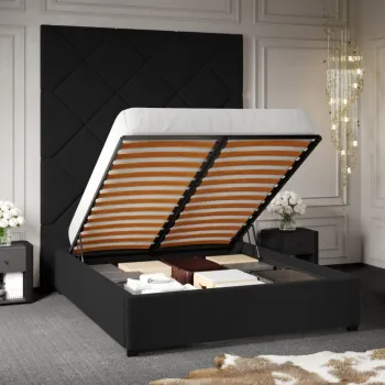 Pat Tapitat cu Panou Inalt C1 Dubai cu somiera rabatabila si lada de depozitare Gri Inchis - Velluto 19 180x200 imagine