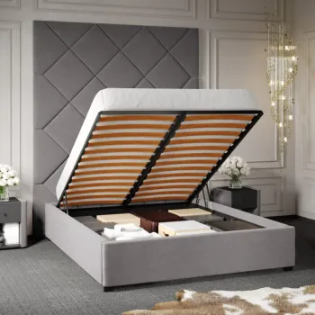 Pat Tapitat cu Panou Inalt C1 Dubai cu somiera rabatabila si lada de depozitare Gri - Velluto 16 180x200 imagine